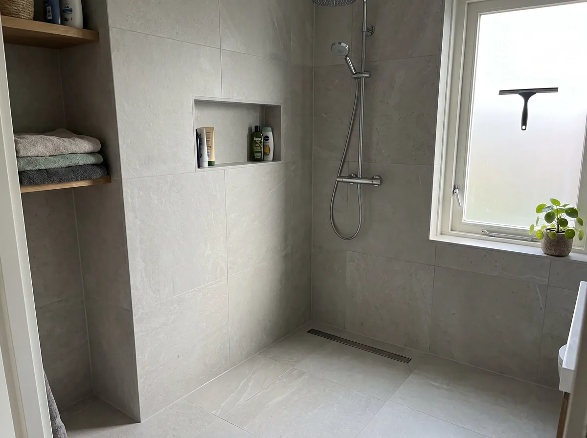 Afgewerkte lichte badkamer met grote grijze tegels op wand en vloer, inbouwnis in de doucheruimte en een strakke lijngoot