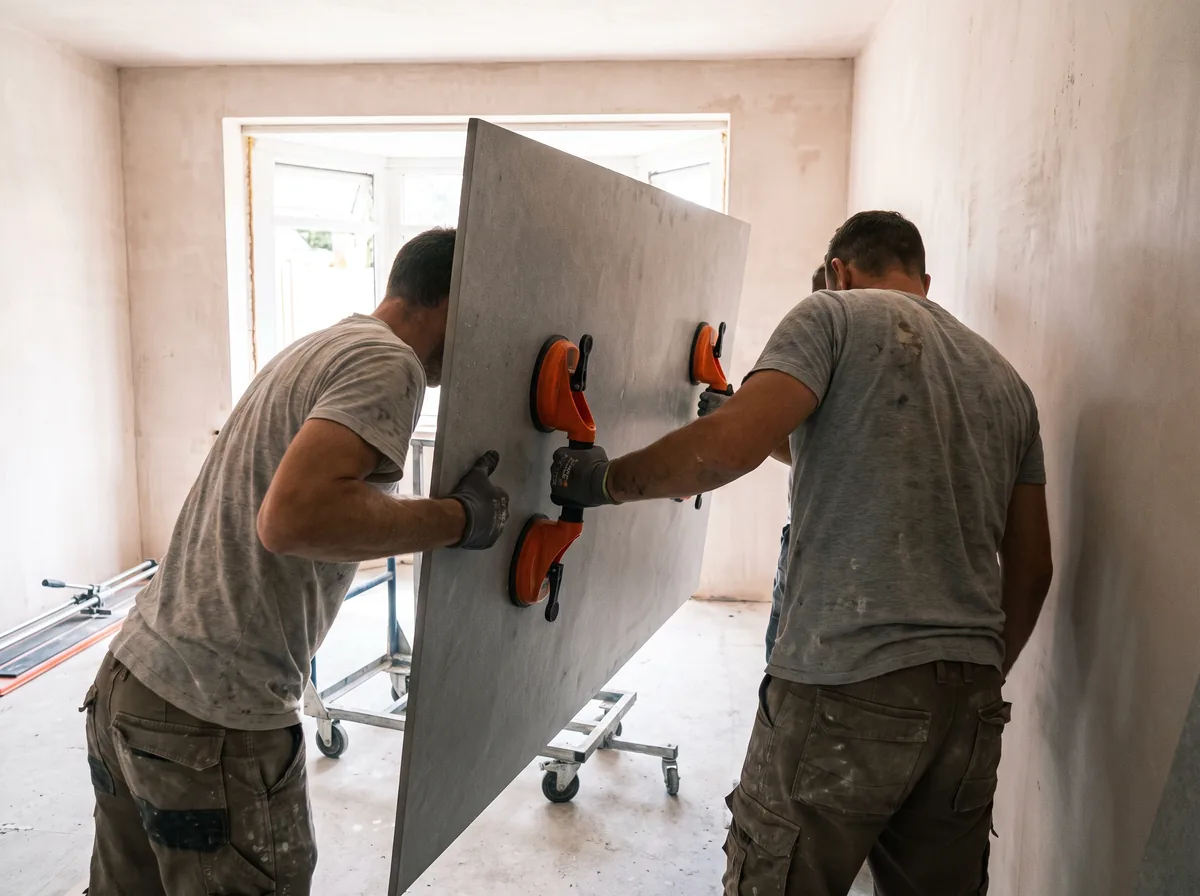 Twee tegelzetters tillen samen een grootformaat tegelplaat met zuignappen in een ruimte in de afbouw