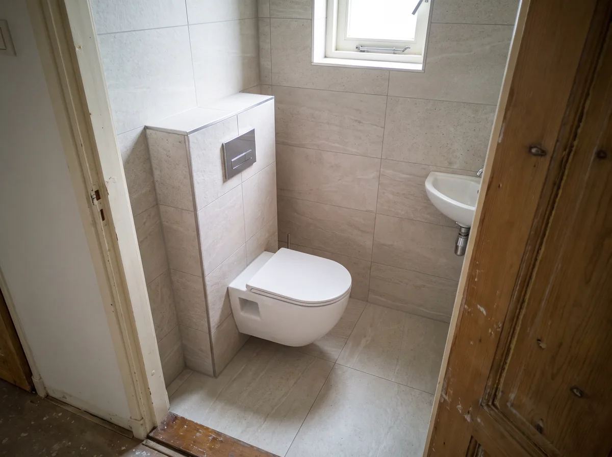 Compact toilet met beige tegels op wand en vloer, hangtoilet met inbouwreservoir en een klein fonteintje